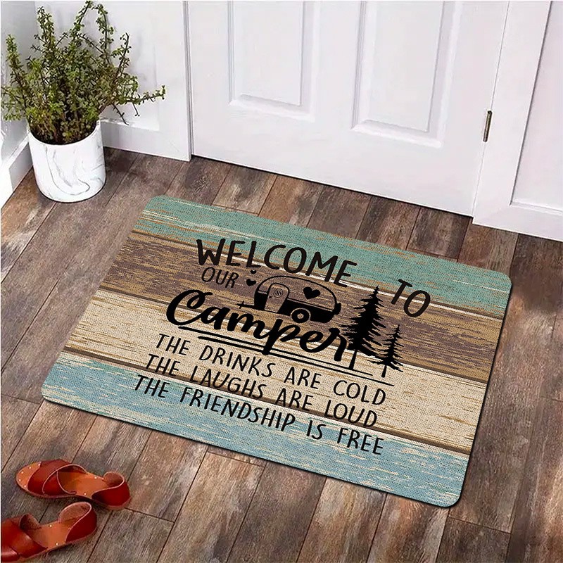 Outdoor Camping Quotes - พรมเช็ดเท้าลายไม้สไตล์ Rustic Camper พร้อมข้อความพิมพ์ลายต้นสน สำหรับทางเข้าห้องพักหรือรถพ่วงแคมป์ปิ้ง ป้องกันการลื่น