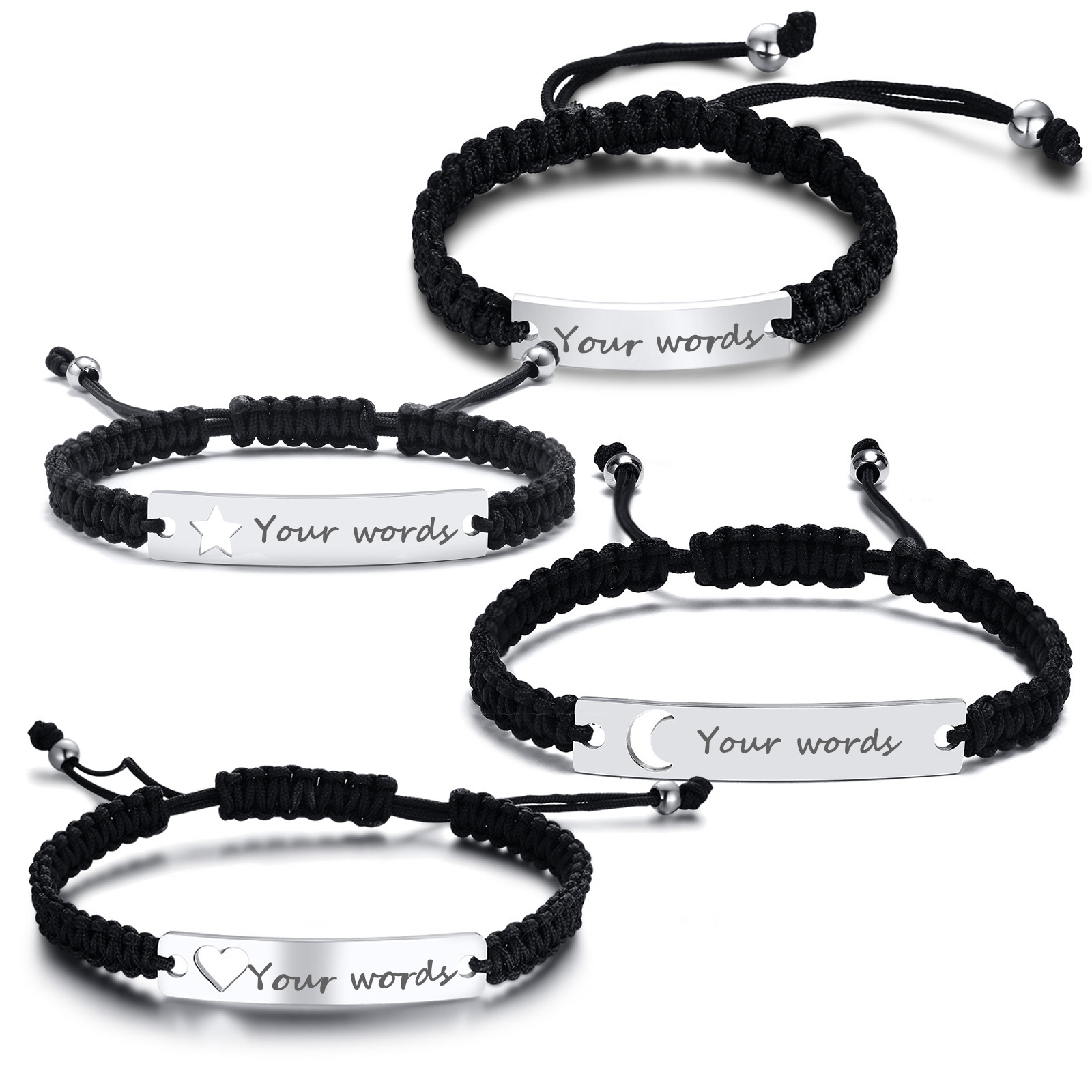 Paracord Bracelet - สร้อยเชือกถักวินเทจแบบกำหนดเอง รูปหัวใจ ดาว พระจันทร์ พร้อมสลักชื่อ ตัวอักษรย่อ