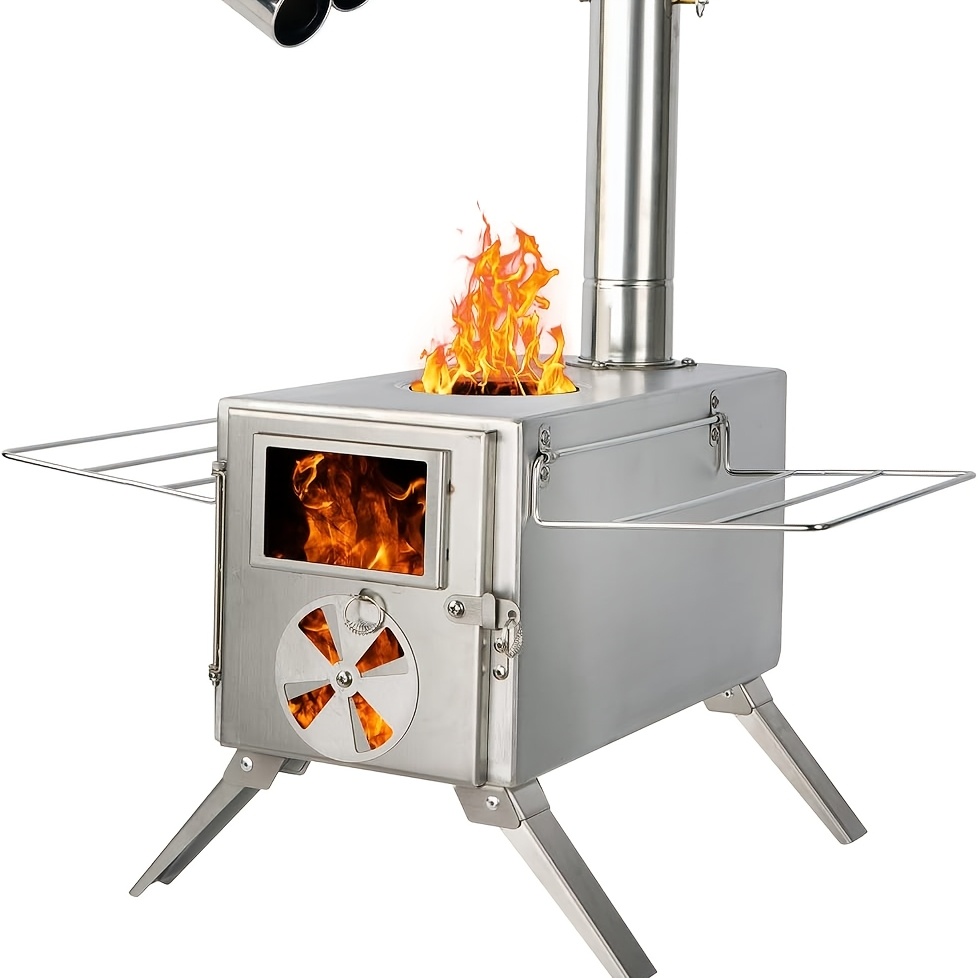 Outdoor Camping Wood Stove - เตาไม้สำหรับตั้งแคมป์ เตาไม้สแตนเลสสำหรับเต็นท์แคมป์ปิ้ง เตาไม้แบบพกพา พร้อมท่อปล่อยควันและถุงมือ เตาสำหรับเต็นท์แบบให้ความร้อน เตาแคมป์ปิ้งที่เหมาะสำหรับการทำอาหารและให้ความร้อนกลางแจ้ง