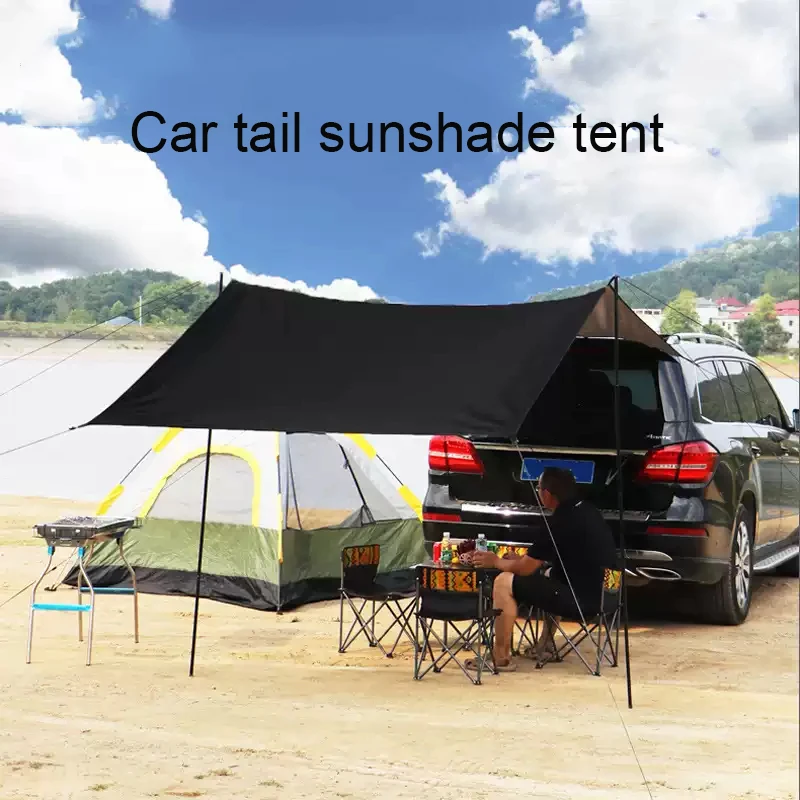 Outdoor Camping Van Tent - ผ้าคลุมกันแดดข้างรถยนต์ รูปทรงค้างคาว เคลือบกันรังสียูวี กันน้ำ สำหรับตั้งแคมป์กลางแจ้ง สีดำ