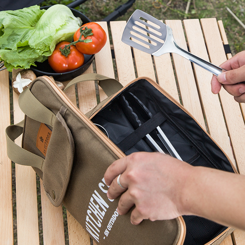 Outdoor Camping Cooking Equipment - ชุดเครื่องครัวแคมป์ปิ้ง 8 ชิ้น พร้อมกระเป๋าพกพา อุปกรณ์ทำครัวสำหรับเดินทางกลางแจ้ง กระเป๋าเก็บของ