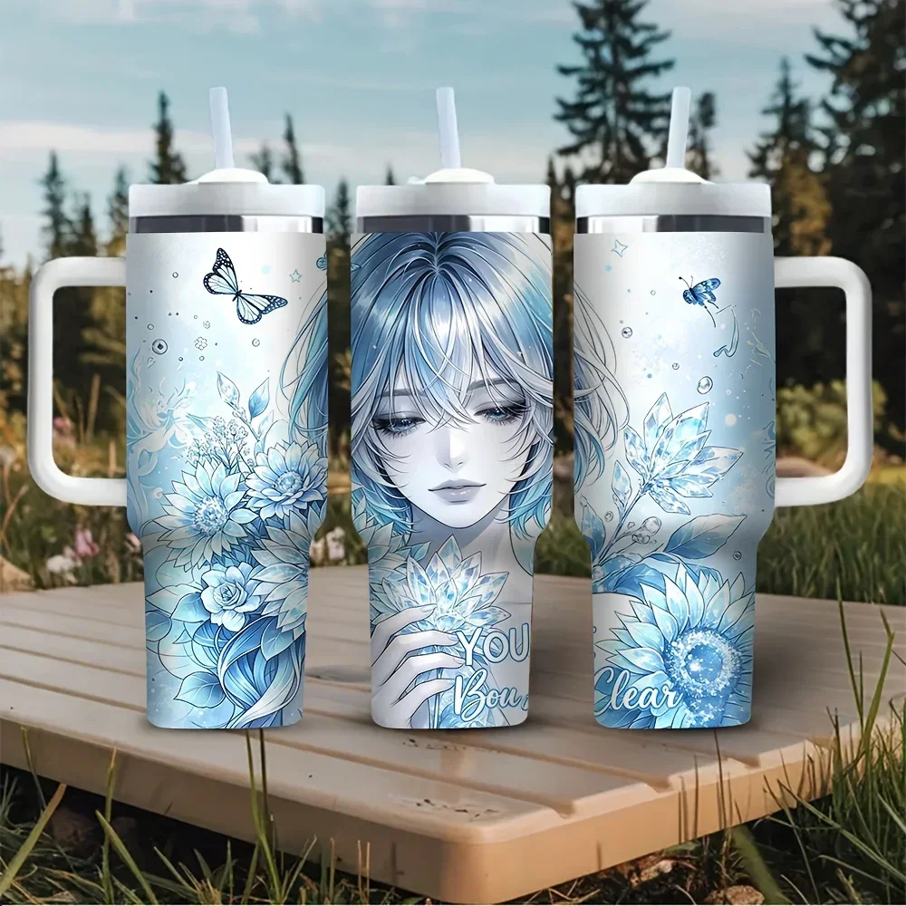 Outdoor Camping Anime - แก้วเก็บความเย็นขนาด 40 ออนซ์พร้อมหูจับ ลายสาวอนิเมะสีฟ้าพร้อมลายผีเสื้อและดอกไม้ เหมาะสำหรับผู้หญิงใช้ในชีวิตประจำวัน เหมาะสำหรับการเดินทางกลางแจ้งและตั้งแคมป์