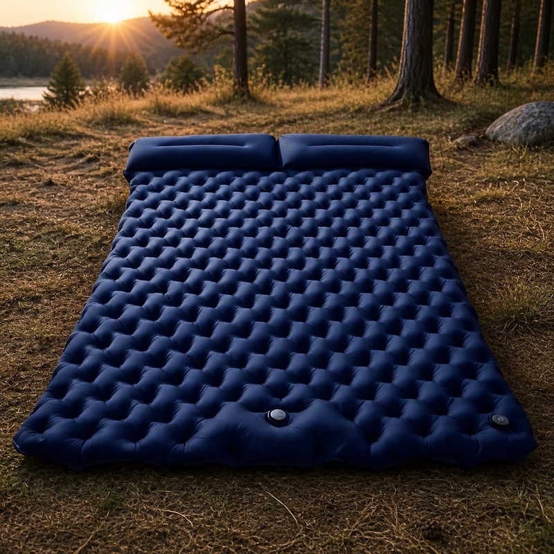 Outdoor Inflatable Camping Tent With Air Pump - ที่นอนลมคู่แบบพกพาสำหรับการตั้งแคมป์ แผ่นรองนอนน้ำหนักเบาพับได้ เหมาะสำหรับการผจญภัยกลางแจ้งและการเดินทางด้วยรถยนต์