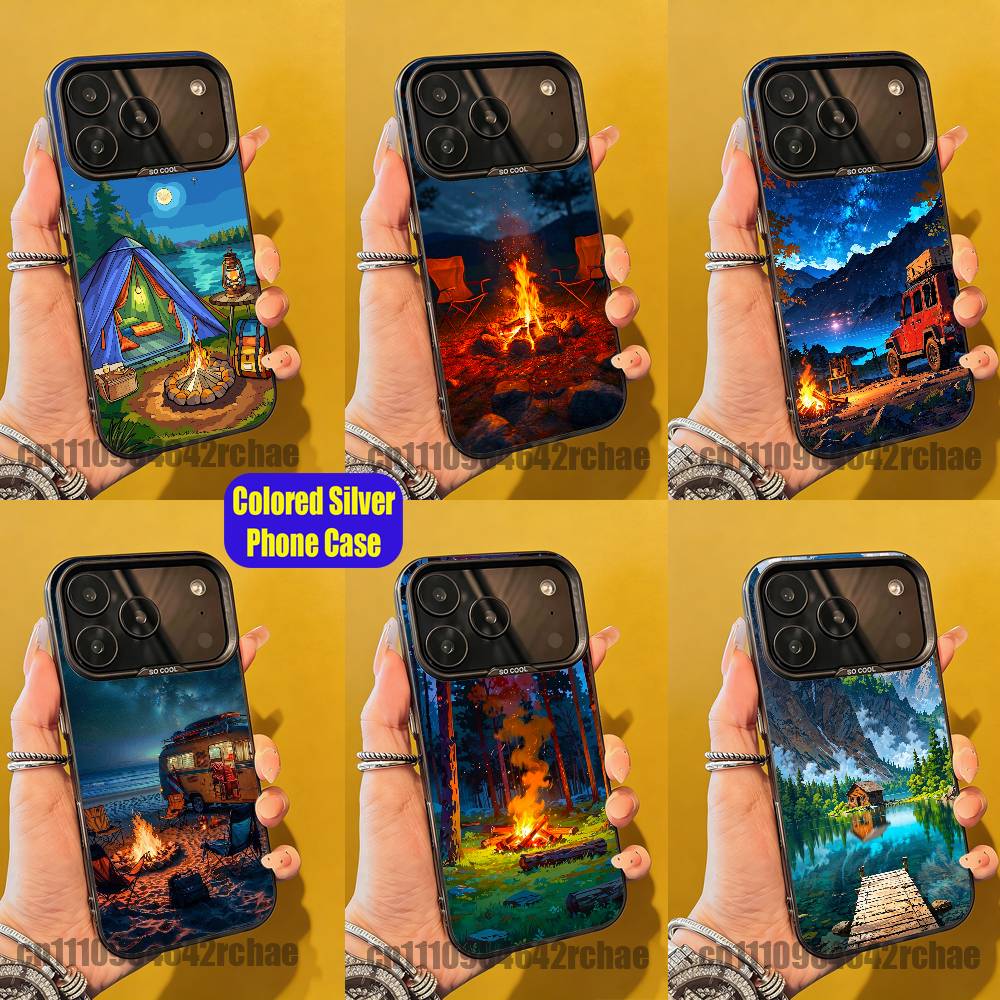 Outdoor Camping Quotes - เคสโทรศัพท์ลายวอลเปเปอร์กองไฟสำหรับตั้งแคมป์กลางแจ้ง iPhone 15,12,11,14,13,16,17,E,Max,Plus,Air,Pro,Mini สีเงิน