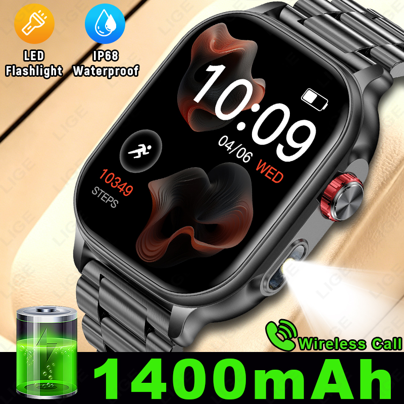 Outdoor Camping Japan - LIGE สมาร์ทวอทช์รุ่นใหม่ แบตเตอรี่ขนาดใหญ่ 1400mAh สำหรับผู้ชาย พร้อมไฟฉายสำหรับกิจกรรมกลางแจ้ง