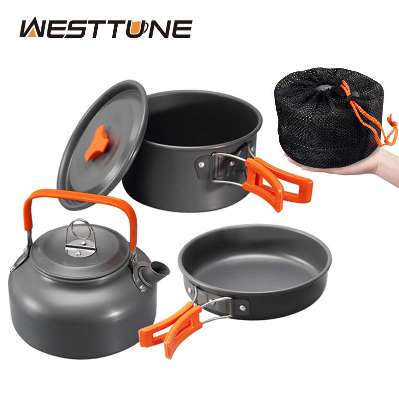 Outdoor Camping Cooking Equipment - WESTTUNE ชุดเครื่องครัวตั้งแคมป์อลูมิเนียมกลางแจ้งแบบพกพาชุดทําอาหารหม้อกาต้มน้ําสําหรับตั้งแคมป์บนโต๊ะอาหารเดินป่าปิคนิค 3 ชิ้น