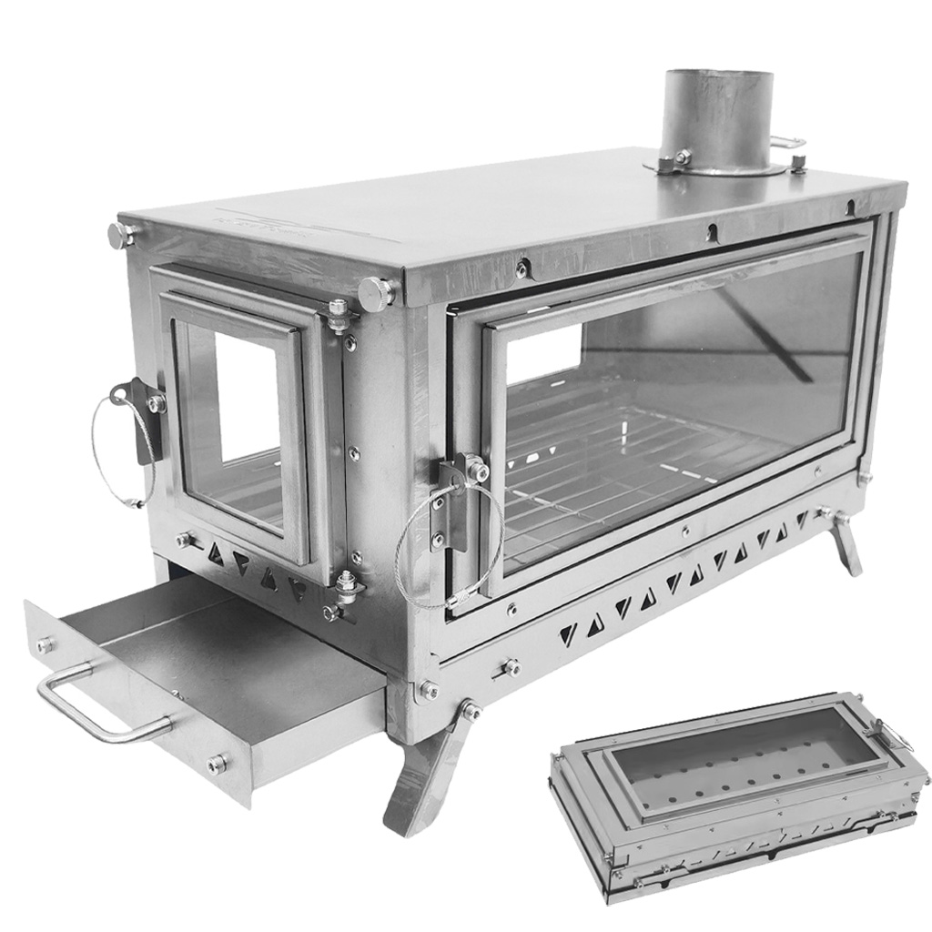 Outdoor Camping Wood Stove - เตาเต็นท์ไทเทเนียม DANCHEL T3, เตาเผาไม้แบบพับได้, เตาผิงสำหรับตั้งแคมป์น้ำหนักเบาพิเศษ, เตาเต็นท์พร้อมท่อปล่องควันและหน้าต่างขนาดใหญ่