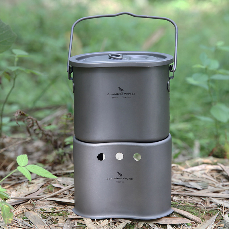 Outdoor Camping Wood Stove - Set Alat masak ไทเทเนียมไร้ขอบเขตการเดินทางแบบ2 in 1เตาเตาถ่าน0.8ลิตรสำหรับตั้งแคมป์กลางแจ้งหม้อสนาม