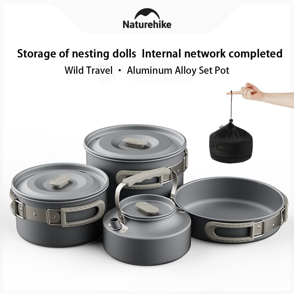 Outdoor Camping Cooking Equipment - Naturehike ชุดหม้อกลางแจ้ง,อุปกรณ์ทําอาหารตั้งแคมป์,กระทะสแตนเลสแบบพกพาแขวนหม้อ,เดินป่าปิกนิกบนโต๊ะอาหาร